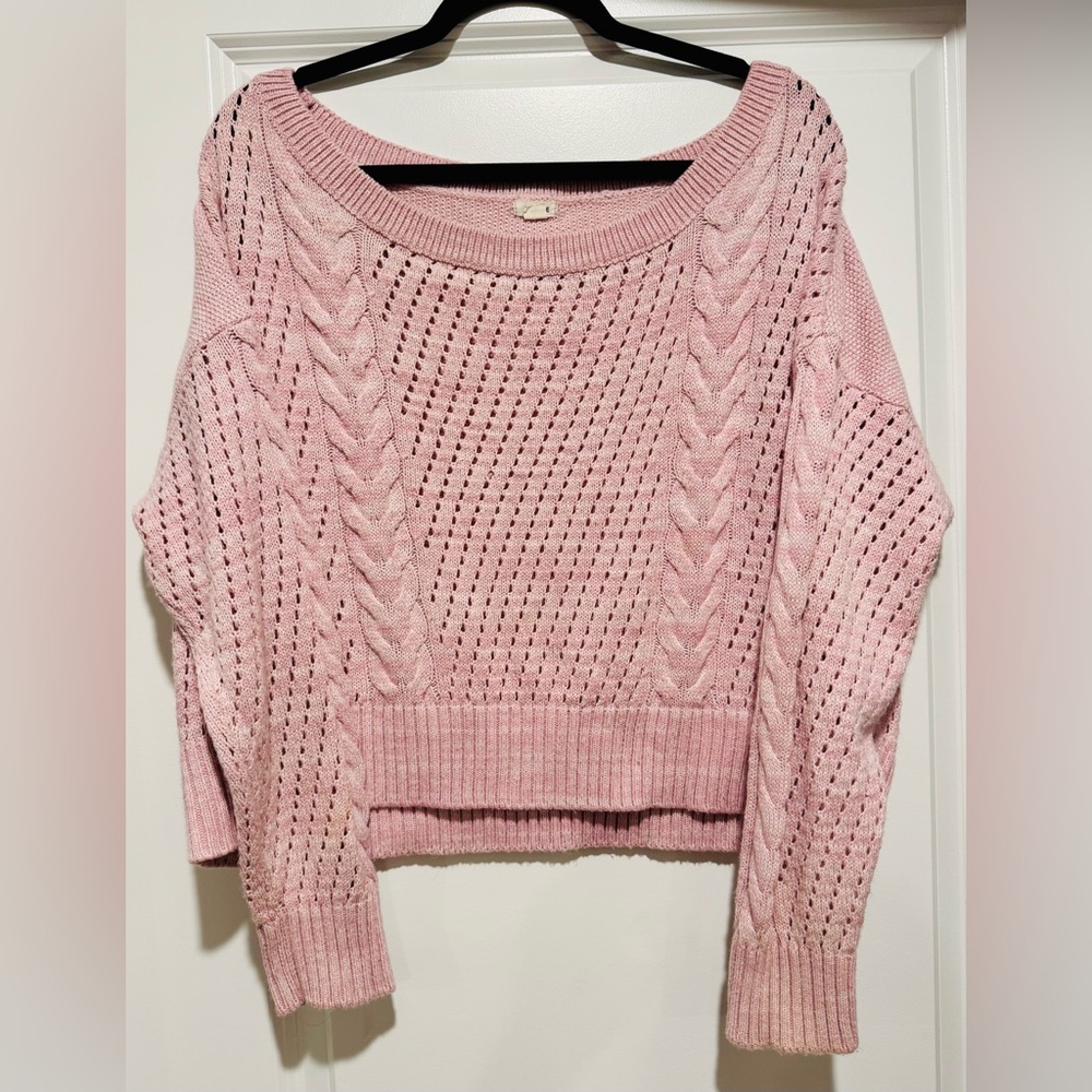 Garage Light Pink Cropped Off Shoulder Cable Knit Sweater